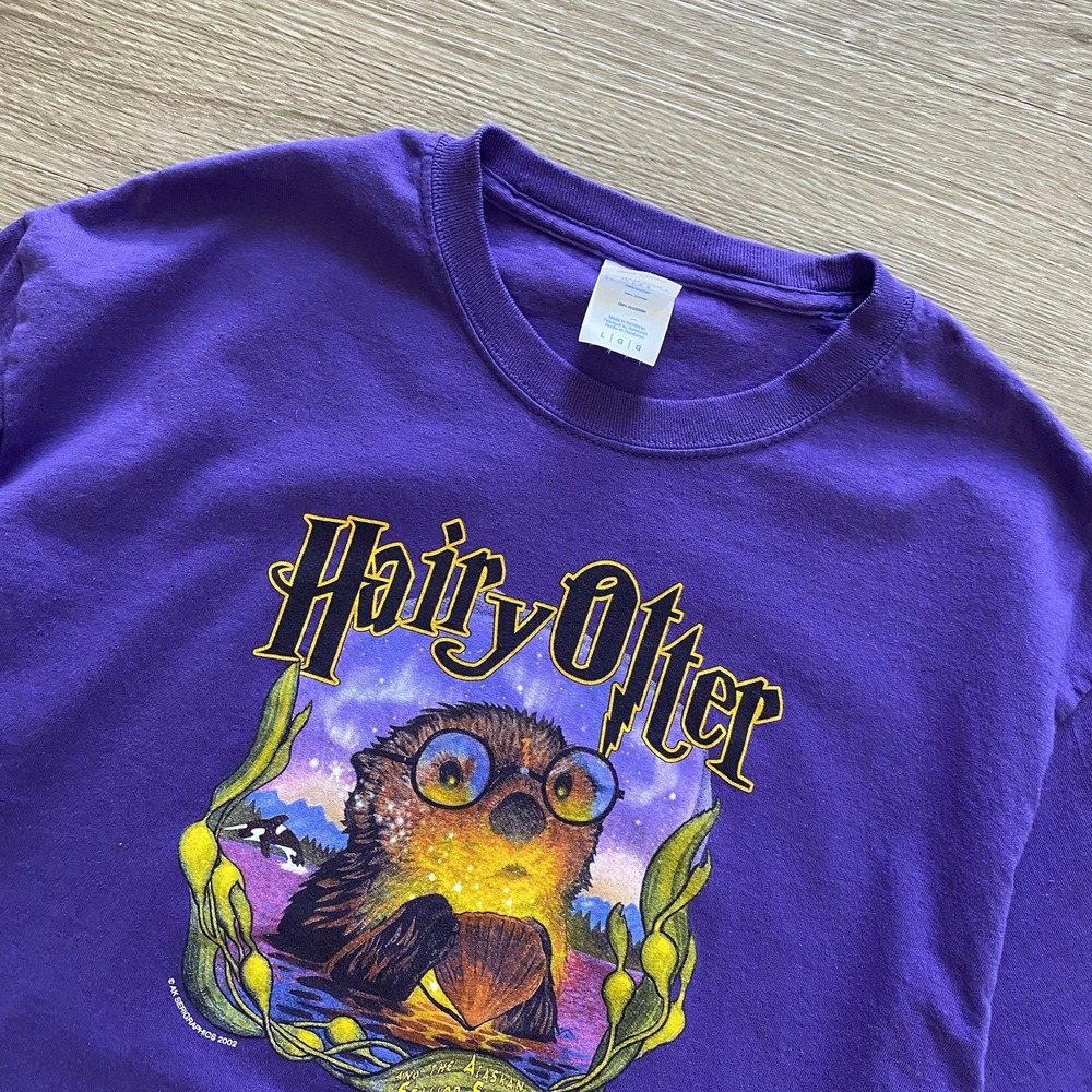 Vintage Hairy Otter Graphic Shirt Men's L Purple Harry Potter Movie Parody 2002